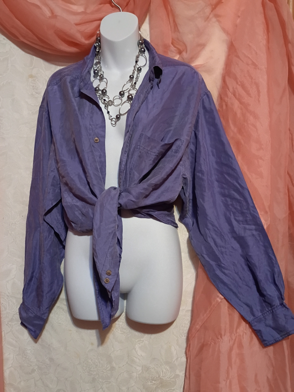 Studio Ladies Lilac Silk Button-Down Tie Front Shirt Sz Lg